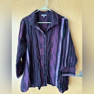 Habitat Striped Purple and Black Button-Up Shirt Puckered Gathered Crepe